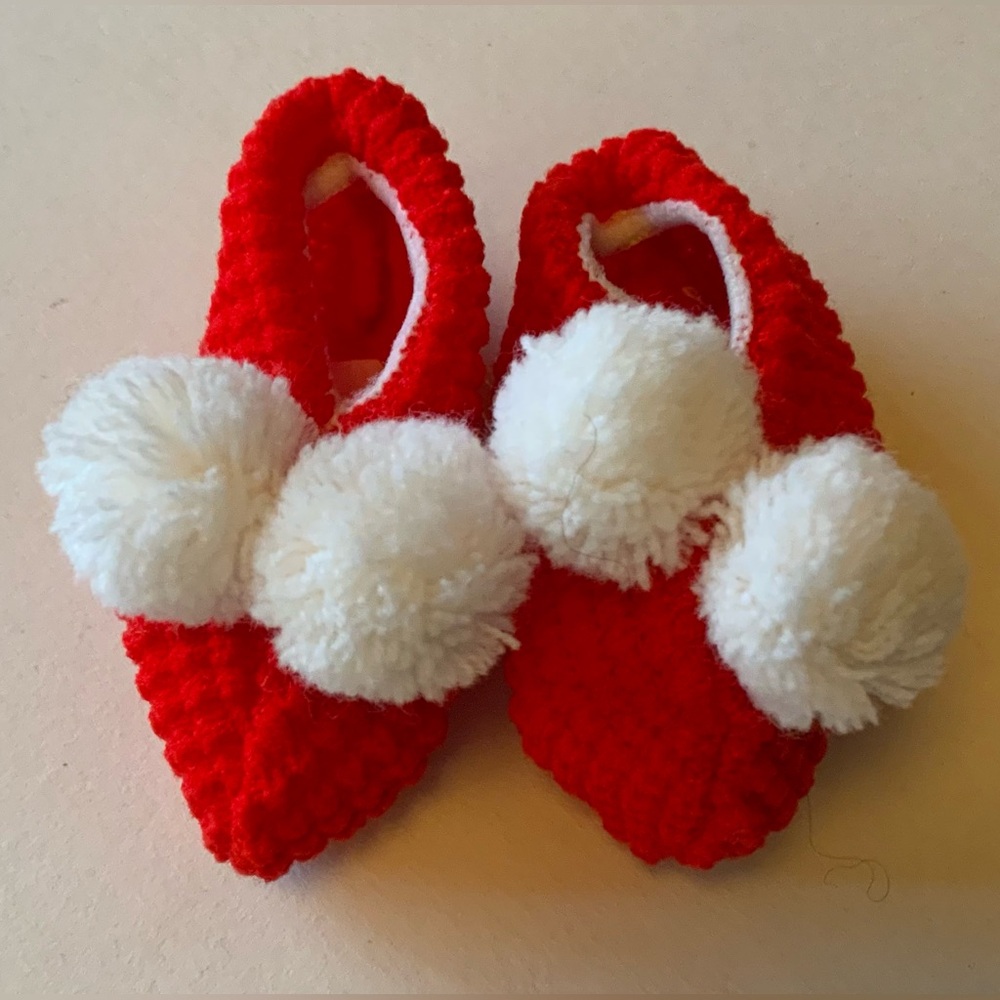 Vintage Red Baby Booties with White Pom Poms